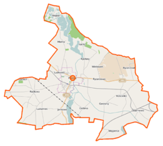 Mapa konturowa gminy Pakość, po prawej nieco na dole znajduje się punkt z opisem „Kościelec”