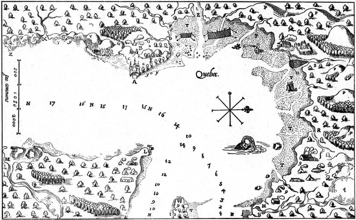 Carte de Québec par Champlain, 1608. Au point A : l'Habitation