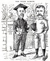 A cartoon lampooning the divide in rugby. The caricatures are of Rev. Frank Marshall, an arch-opponent of broken-time payments and James Miller, a long-time opponent of Marshall Reverend marshall.jpg