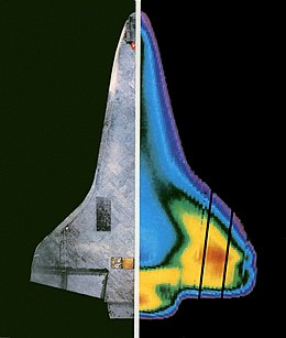 The Space Shuttle thermal protection system in the underside of Columbia as seen in a visible (left side) and infrared (right side) image which was taken by the Kuiper Airborne Observatory on STS-3 STS-3 infrared on reentry.jpg