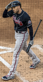 Freeman after an at-bat during his final season with the Braves in 2021 Scherzer strikes out Freeman from Nationals vs. Braves at Nationals Park, April 6th, 2021 (All-Pro Reels Photography) (51102634610) (cropped).png