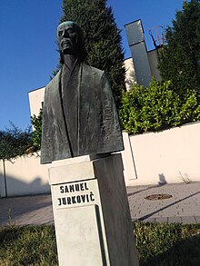 The statue of Samuel Jurkovic, national awakener and founder of first cooperative in Central Europe (Spolok Gazdovsky) in Raca, Bratislava Statue in Raca, Bratislava of Samuel Jurkovic, founder of the first cooperative in Central Europe, Spolok Gazdovsky.jpg