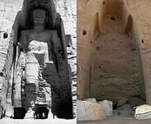 Buddha-Statue von Bamiyan vor und nach der Sprengung durch Taliban im Jahr 2001