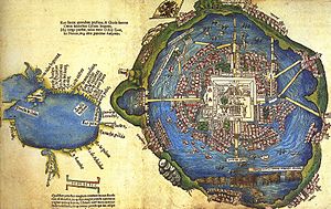 Map of the island city Tenochtitlan and Mexico gulf made by one of Cortes' men, 1524, Newberry Library, Chicago Tenochtitlan y Golfo de Mexico 1524.jpg