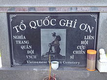Stone plaque with photo of the "Thuong tiec" (Mourning Soldier) statue, originally, installed at the Republic of Vietnam National Military Cemetery. The original statue was demolished in April 1975. Thuong Tiec.jpg