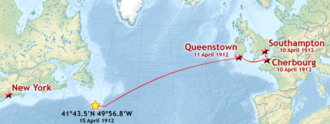 The route of Titanic's maiden voyage, with the coordinates of its sinking