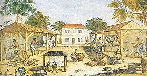 Tobacco was the main export crop in the colonial era and involved much hand labor, usually by slaves. 1670 painting from Virginia Tobacco cultivation (Virginia, ca. 1670).jpg