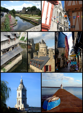Montage of VannesTop left: View of Ramparts Garden of Vannes and Gaillard Castle Museum; Top right: Saint Peters Cathedral; Middle left: Vieux lavoirs, old washing place; Center: Connetable Tower; Middle right: Intra Muros narrow street; Bottom left: Saint Paterne Church; Bottom right: Conleau Pier