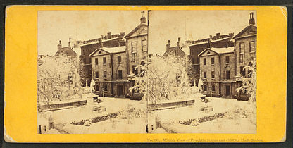 Winter view of Franklin statue and City Hall, 19th century, by John P. Soule