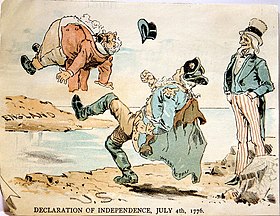 Caricature de 1890 montrant les Américains mettre les Britanniques dehors. Oncle Sam regarde George Washington botter John Bull de l'autre côté d'un cours d'eau, hors des États-Unis vers l'Angleterre.