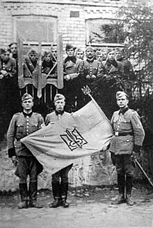 Schutzmannschaft with Nazi uniform and the logo of the Organization of Ukrainian Nationalists 115th Battalion of Ukrainian Shuma 1943 (2).jpg