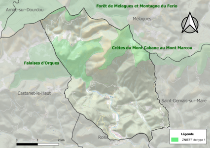 Carte des ZNIEFF de type 1 sur la commune.