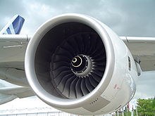 A Rolls-Royce Trent 900 engine on the wing of an Airbus A380 A380-trent900.JPG