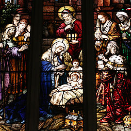The Adoration of the Magi. (Stained glass window in St. Michael Cathedral, Toronto, 1912)