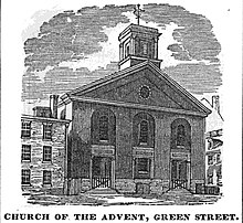 The parish's 1851 home was on Green Street in the since-demolished West End. Advent GreenSt Boston HomansSketches1851.jpg