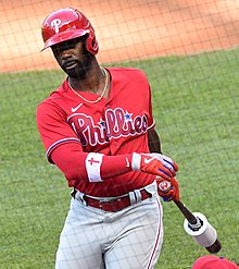 McCutchen with the Phillies in 2020 Andrew McCutchen July 18, 2020 (50128244701) (cropped).jpg