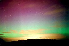 Aurora australis appearing from Stewart Island/Rakiura in the south of New Zealand. AuroraAustralisDisplay.jpg