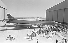 The first B-1B at its roll-out ceremony outside a hangar in Palmdale, California in 1984