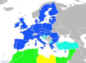 Current members of the Euromediterranean Partnership; Blue are EU members; Cyan are EU candidate countries; Green are partner countries; Yellow is observer country