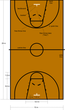 A diagram of a FIBA basketball court.