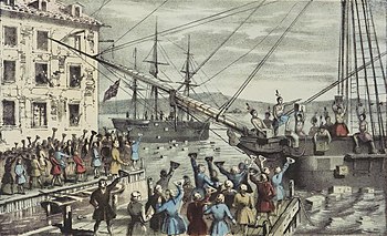 Two ships in a harbour, one in the distance. Onboard, men stripped to the waist and wearing feathers in their hair are throwing crates overboard. A large crowd, mostly men, is standing on the dock, waving hats and cheering. A few people wave their hats from windows in a nearby building. Monopolistic activity by the company triggered the Boston Tea Party.