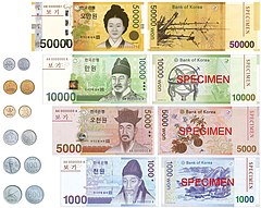 South Korean won banknotes and coins.