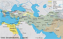 The major Hellenistic kingdoms in 240 BC, including territories controlled by the Seleucid dynasty, the Ptolemaic dynasty, the Attalid dynasty, the Antigonid dynasty, and independent poleis of Hellenistic Greece Diadokhoi240nbc.jpg