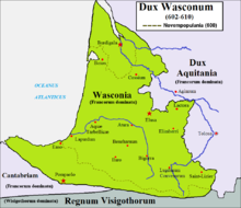 Carte montrant en vert les limites de la Vasconie, au nord le duché aquitain, au sud la Cantabrie et le royaume Wisigoth