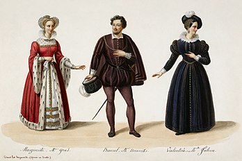 Costumes créés par Eugène Du Faget pour la création de l'opéra Les Huguenots de Giacomo Meyerbeer (1836) : de gauche à droite, Julie Dorus-Gras en Marguerite de Valois, Adolphe Nourrit en Raoul de Nangis et Cornélie Falcon en Valentine. (définition réelle 4 876 × 3 244)