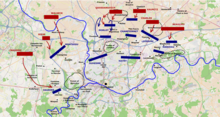 The battle of Fleurus, from daybreak (before 4 am) to 8 am. Montaigu's, Morlot's and Lefebvre's main divisional forces are already fully engaged, while Championnet's and Marceau's vanguards have also begun fighting. Daurier's brigade has just made contact with Prince Frederic and is being pushed back to the heights of l'Espinette. FleurusBefore8am.png