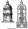 Élévation et coupe de la fontaine, où l'on voit les conduites du château d'eau servant à la répartition de l'eau entre les différents concessionnaires du quartier.