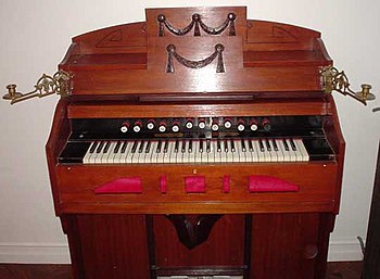 A harmonium. Operation of the two large pedals...