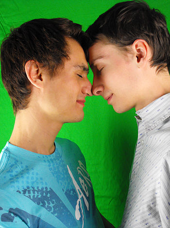 A young gay couple rub noses'.