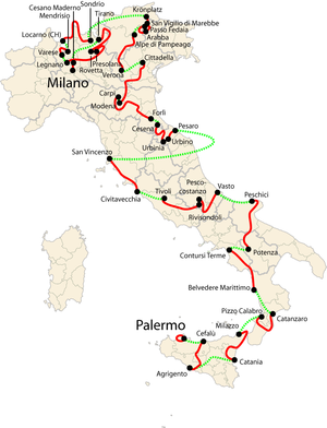 Обзор этапов: Путь от Палермо до Милана преодолённый велогонщиками на этапе обозначен красным, между этапами - зелёным