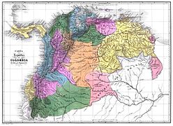 Carte de la Grande Colombie en 1819 qui comprend une partie du territoire à l'ouest du fleuve Essequibo, et montre deux zones en pourparlers avec les Britanniques.