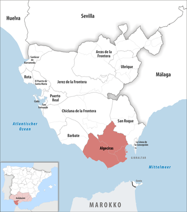 Die Lage des Gerichtsbezirk Algeciras in der Provinz Cádiz