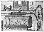 (A) Konstruktionsritning av automatisk vattenorgel, Athanasius Kircher (1602-1680).