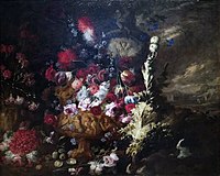 花瓶の花と果物のある風景画、プラド美術館蔵