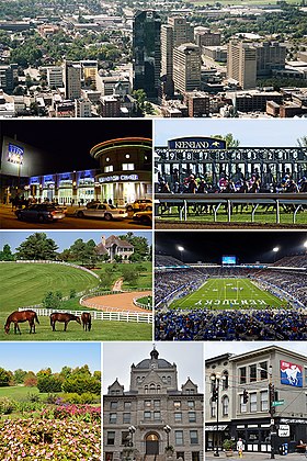 From top, left to right: Lexington skyline, Rupp Arena/Central Bank Center, Keeneland Race Course, Donamire Farm, Kroger Field, University of Kentucky Arboretum, Old Fayette County Courthouse, NTRA headquarters