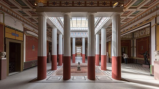 Pompejanum reconstruction (glass roof is an unrealistic modern addition), loosely based on the square atrium in the House of Castor and Pollux, Pompeii (floorplans)