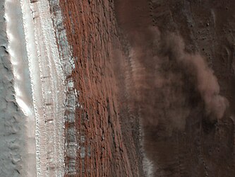 Glissement de terrain observé par l'instrument HiRISE de MRO le 19 février 2008[162]. La glace d'eau est bien visible au sommet de la falaise sous forme d'une couche blanche. C'est une partie de ce matériau qui a glissé en contrebas, formant une « avalanche » à l'origine de volutes de poussières et de cristaux de glace mêlés suffisamment épaisses pour projeter leur ombre en dessous d'elles. Le soleil éclaire la scène depuis l'angle supérieur droit.