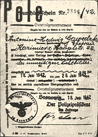 Expulsion Warrant from Sosnowiec 1942 with stamp Pole Nakaz wysiedlenia z Sosnowca 1942.JPG