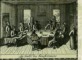Rycina ilustrująca negocjacje pokoju w Karłowicach między przedstawicielami Ligi Świętej oraz Imperium Osmańskiego