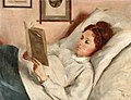 Portrait of a woman reading in bed by Nicoline Tuxen