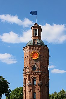 The flag of Europe flying on the tower in Vinnytsia Old tower 2022 G1.jpg