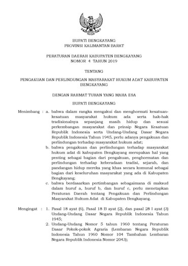 Peraturan Daerah Kabupaten Bengkayang Nomor 04 Tahun 2019 tentang Pengakuan dan Perlindungan Masyarakat Hukum Adat Kabupaten Bengkayang