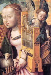 A depiction of Saint Cecilia playing a portative organ (cropped from the Bartholomausaltar), painted around 1505 to 1510. The bellows can be seen to the right of the pipes. Portativ.png