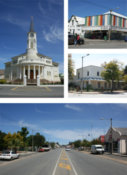 A collection of images from Porterville, Western Cape, South Africa.  Top left: main church. Top right: A 'China Shop' located in the town. Left center: Historic town house on the main street.  Bottom: A view of the town's main road.