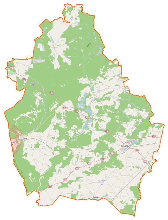 Mapa konturowa powiatu człuchowskiego, u góry znajduje się punkt z opisem „źródło”, natomiast po prawej znajduje się punkt z opisem „ujście”