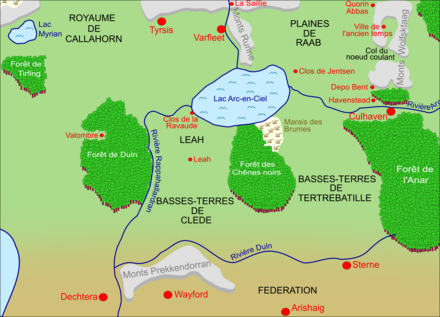 Une carte indiquant des villes, des fleuves et des montagnes.